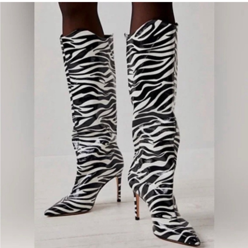NEW Free People Vicenza Tokyo Zebra Stripe Patent Leather Knee High Heel Boots 7